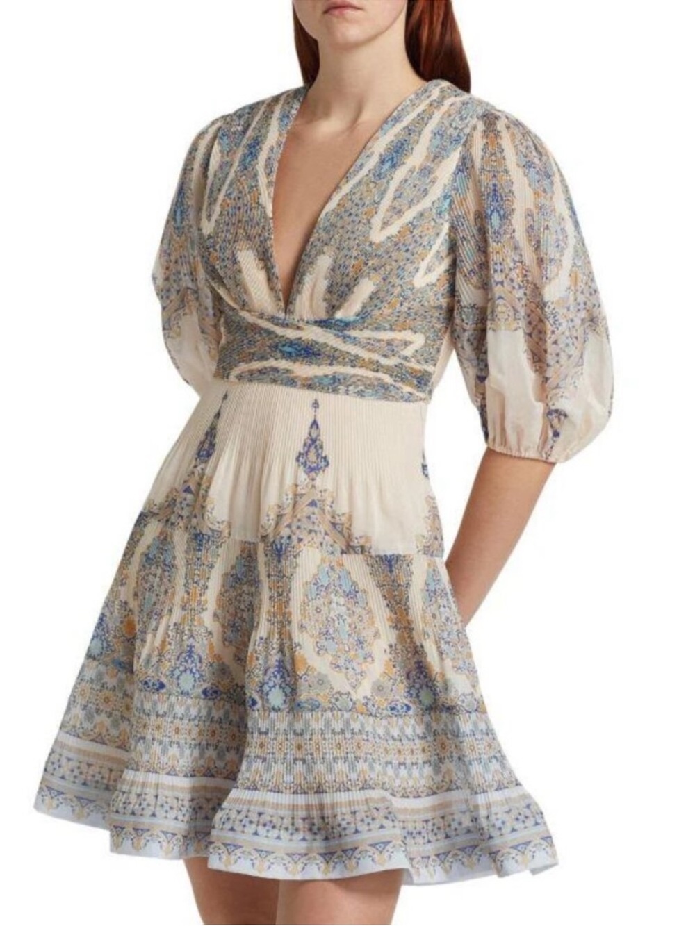 Zimmermann Cream and Blue Printed Puff Sleeve Mini Dress- size AU 1